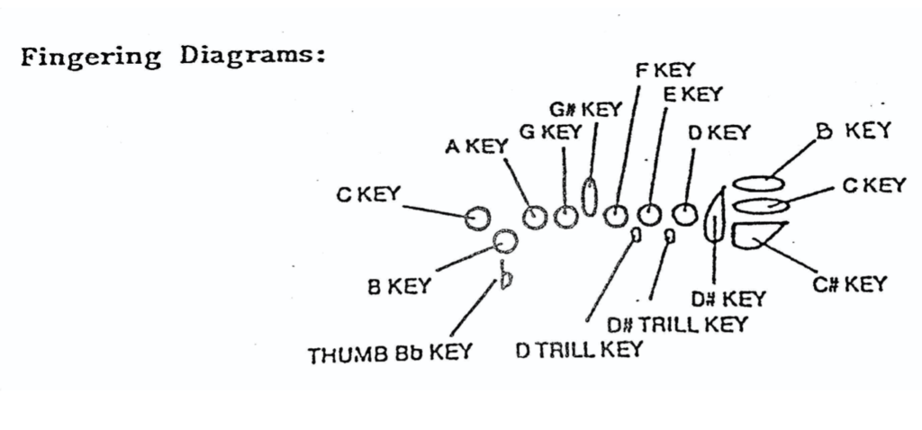 迪克以圖示和按鍵音名作為記譜方式的長笛指法表