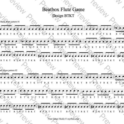 Beatbox Flute Game 樂譜第一頁預覽，顯示基礎鼓點與 BTKT 符號標記